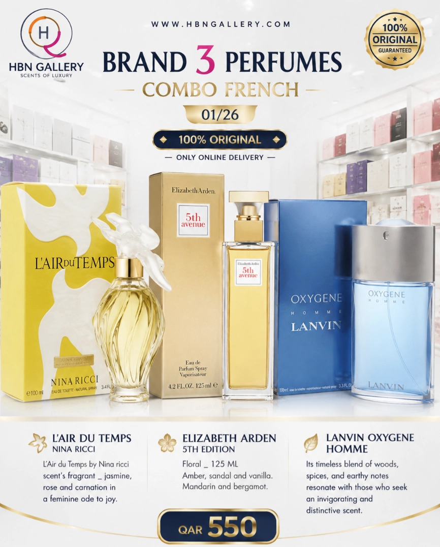 Brand 3 perfumes combo 01/26_ Lair du temps nina ricci _Elizabeth arden 5th edition_ Oxygen homme lanvin